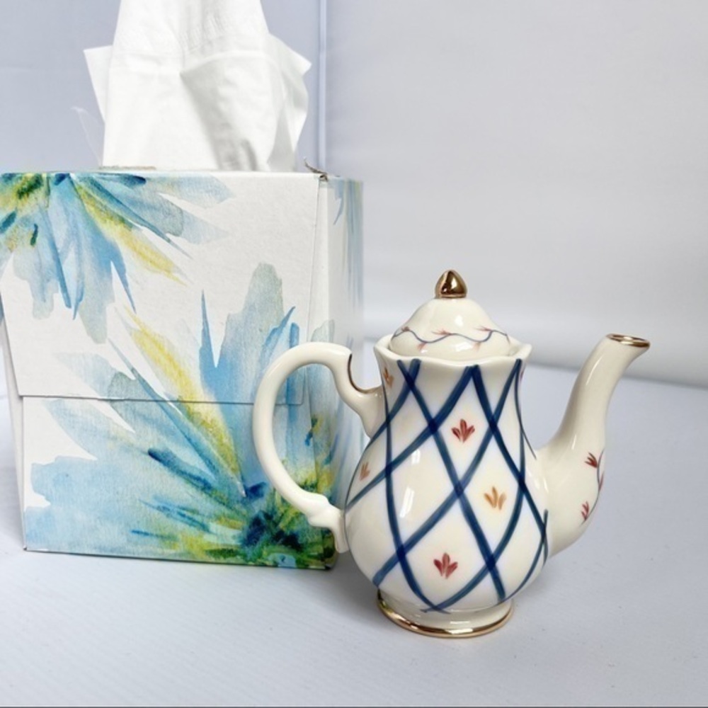 Vintage Lenox Teapot Miniature Decorative Blue Cream Floral 3.5”